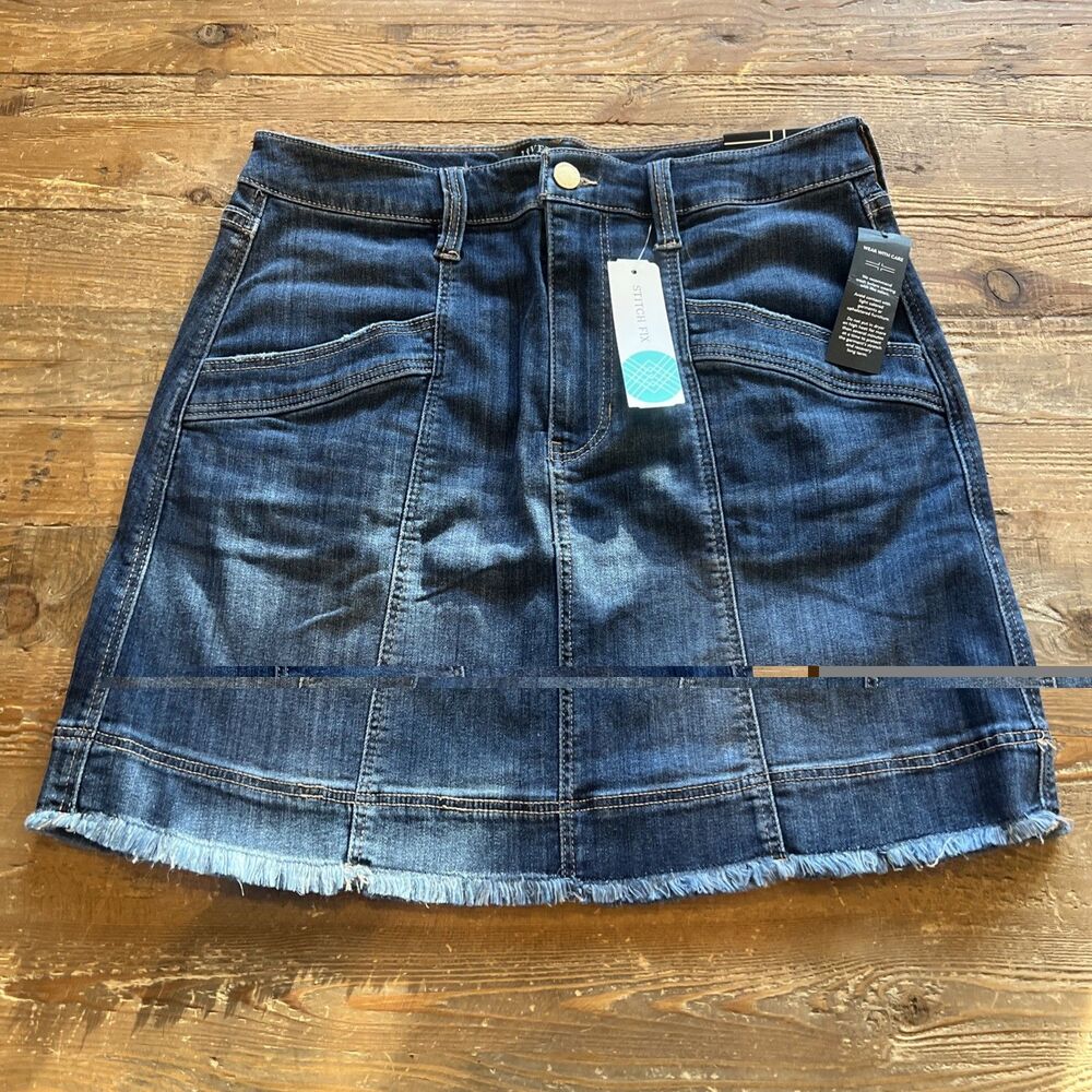 Liverpool Jeans Company Weston Denim Skirt Sz 10 Dark Wash Fringe Hem Pockets